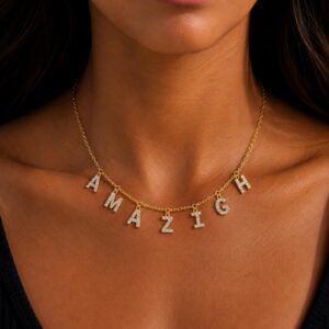 Amazigh Sparkling Letter Charm Gold-Tone Stainless Steel Necklace