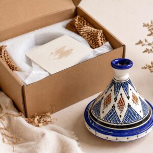 Amazigh Small hand-painted Safi ceramic serving tagine with blue