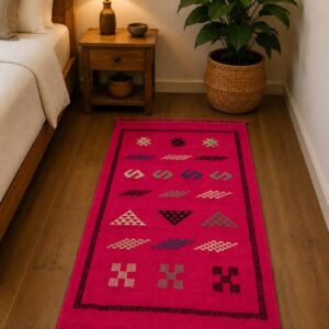 Amazigh Pink Cashmere Handmade Geometric Accent White Rug