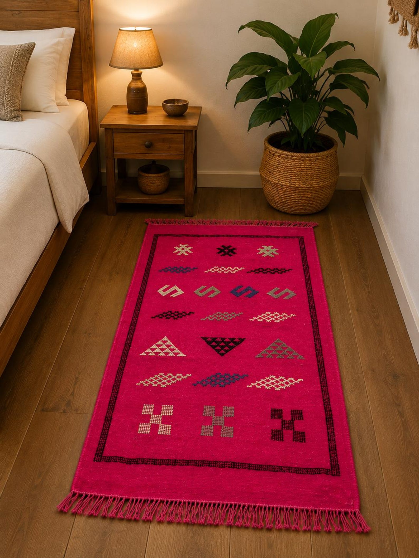 Amazigh Pink Cashmere Handmade Geometric Accent White Rug