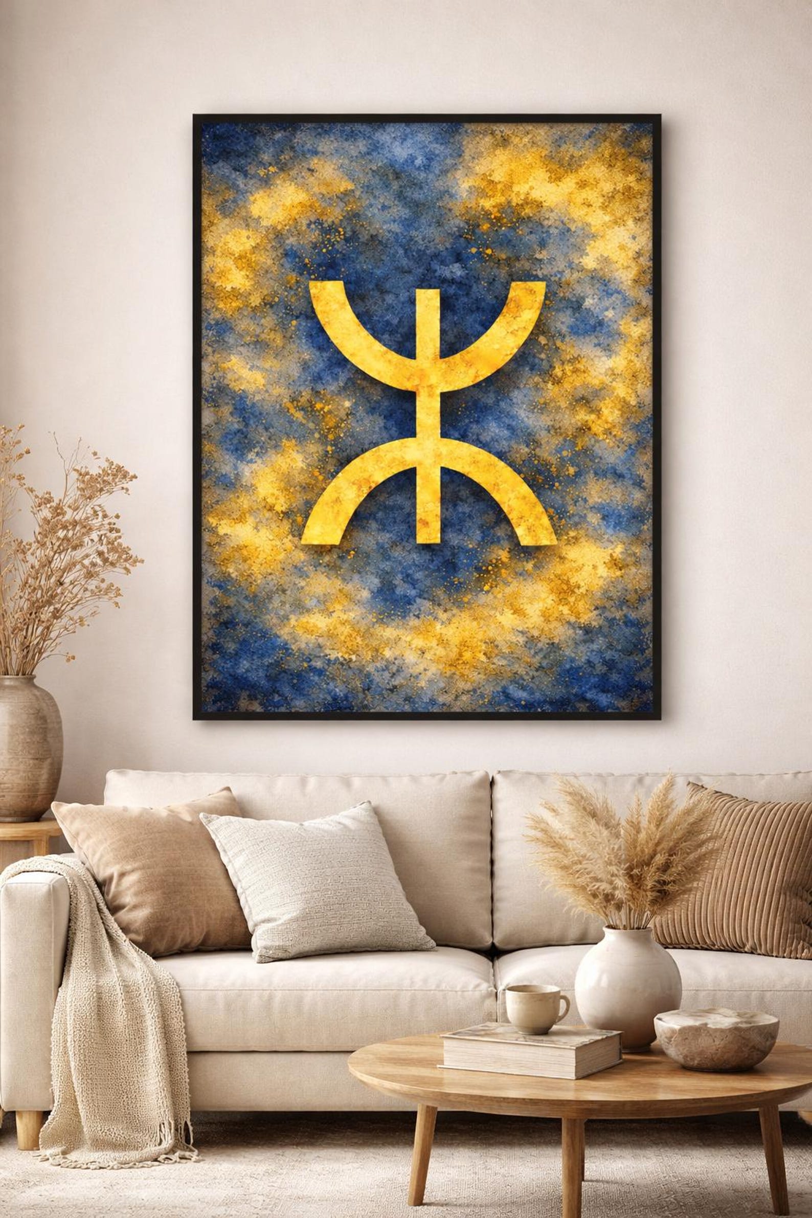 Amazigh Yaz Symbol Berber Blue Gold Abstract Printable Wall Art