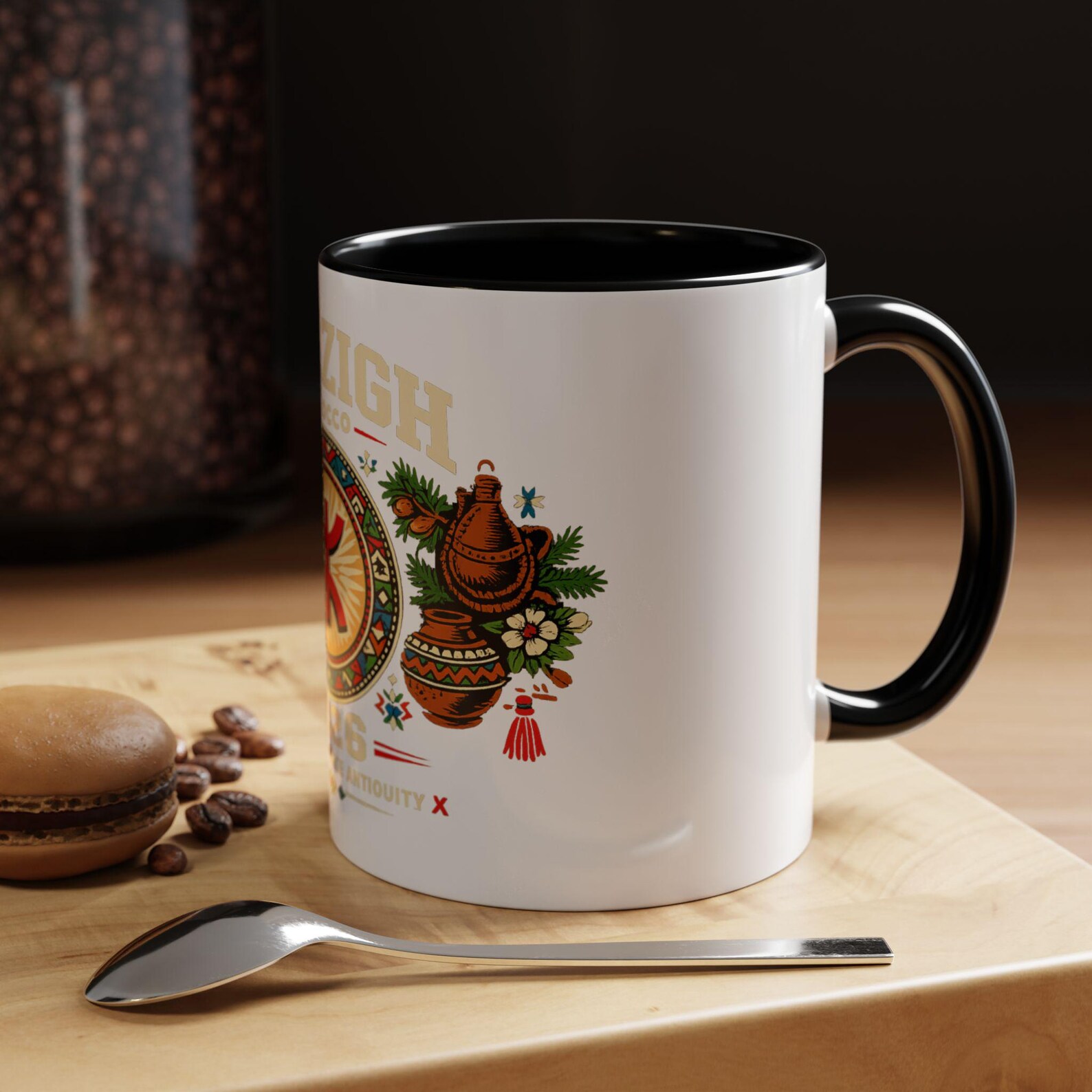 Berber Symbol Coffee Ceramic Accent Handle White Mug