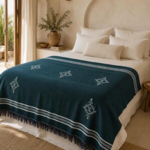 Amazigh Deep Teal Cotton Bedspread Handmade White Blanket