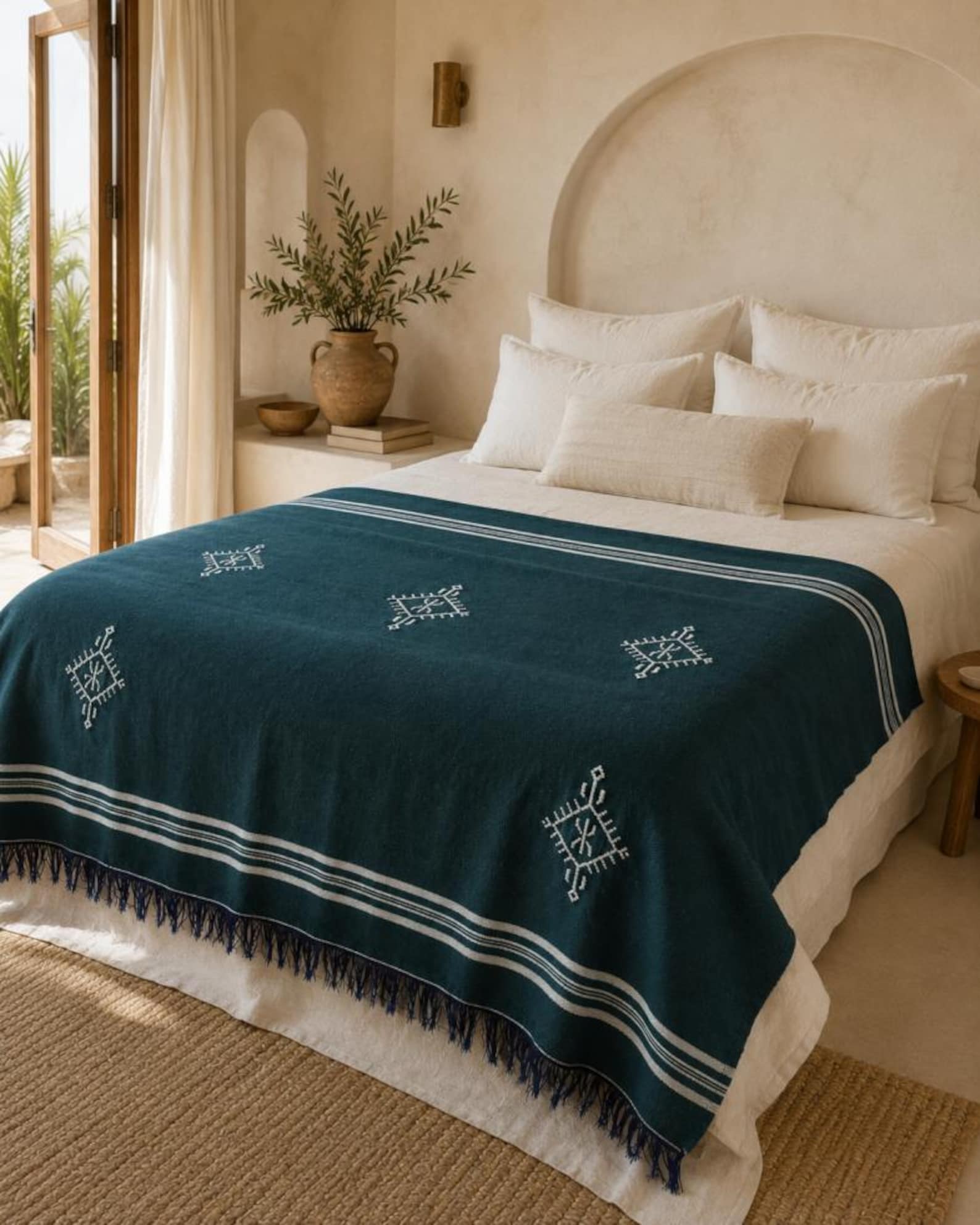Amazigh Deep Teal Cotton Bedspread Handmade White Blanket