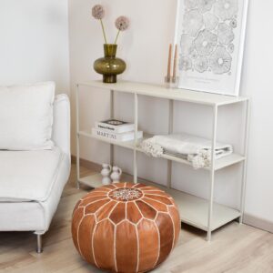 Berber Handmade Leather Stuffed Ottoman Footstool Cognac Pouf