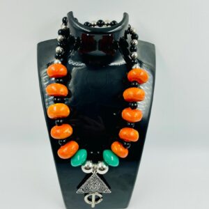 Amazigh Orange Green Resin Beads Silver Triangle Necklace