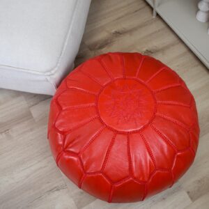 Berber Leather Pouffe Red Handmade Delivered stuffed Pouf