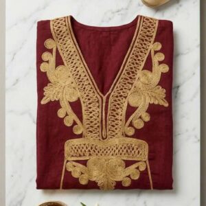Berber Embroidered Gandoura Dress Burgundy Boho Maxi Kaftan