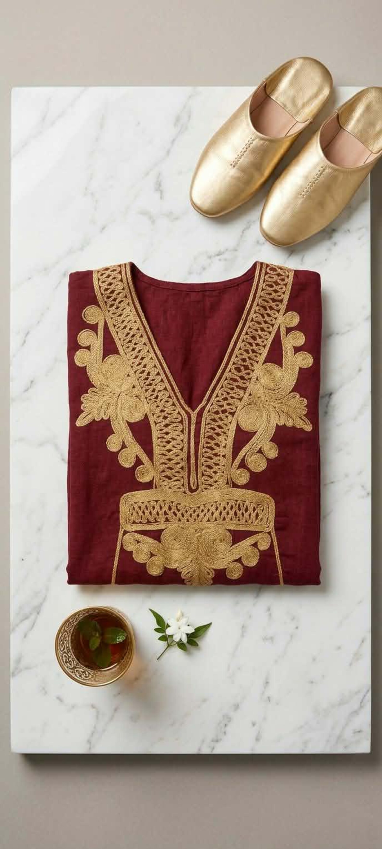 Berber Embroidered Gandoura Dress Burgundy Boho Maxi Kaftan