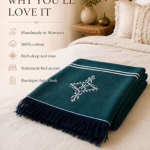 Amazigh Deep Teal Cotton Bedspread Handmade White Blanket