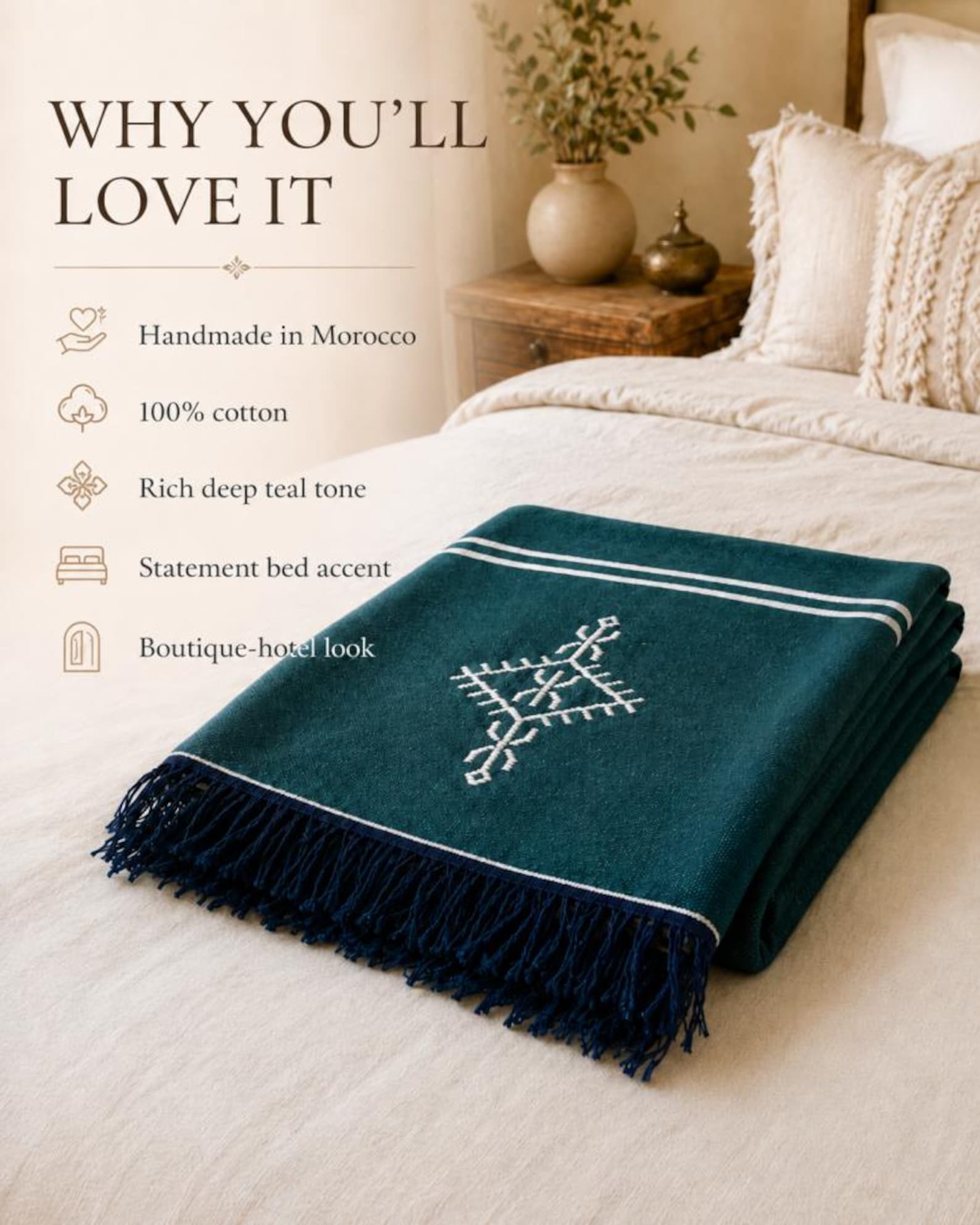 Amazigh Deep Teal Cotton Bedspread Handmade White Blanket