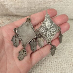 Large Antique Amazigh Berber Chiseled Silver Hamsa Earrings