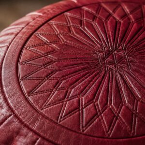 Amazigh Dark Red Leather Round Boho Floor Pouf