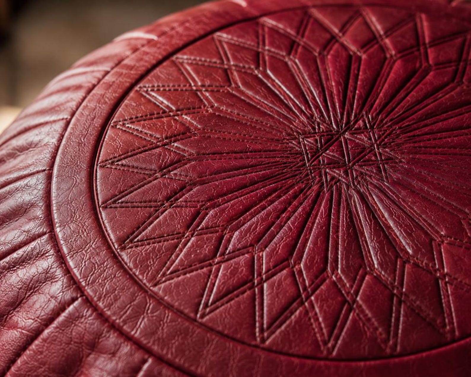 Amazigh Dark Red Leather Round Boho Floor Pouf
