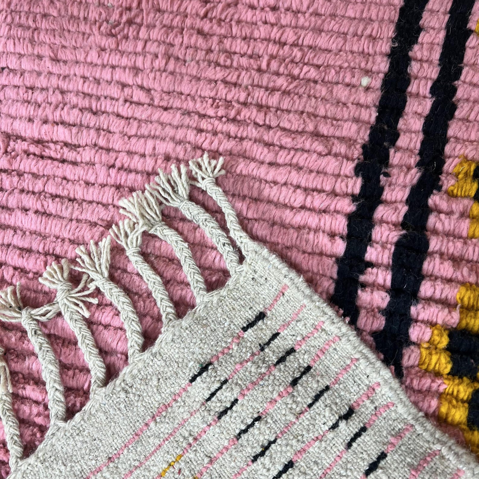 Amazigh Pink Cream Black Geometric Diamond Wool Rug