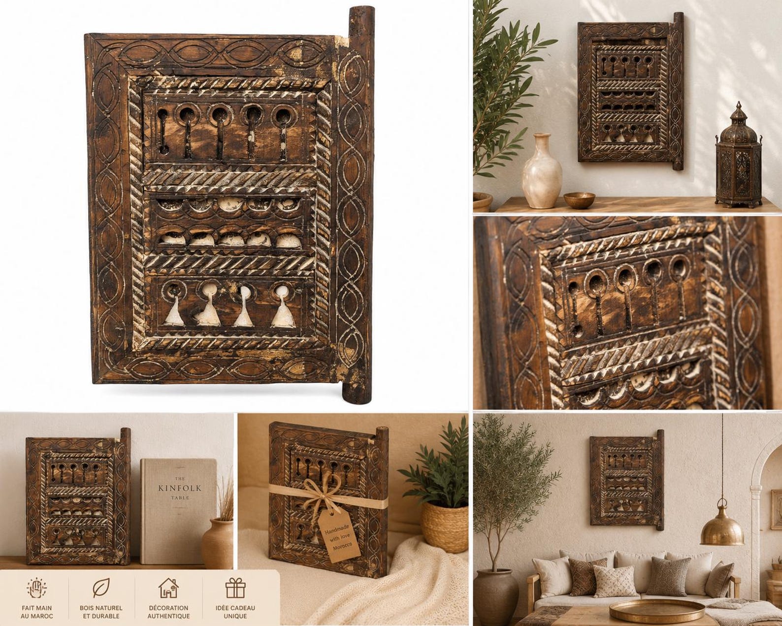 Berber Antique Hand Carved Wooden Panel Wall Art Decor