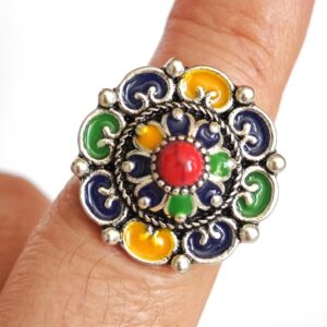 Amazigh Silver Tone Enameled Adjustable Flower métal Ring