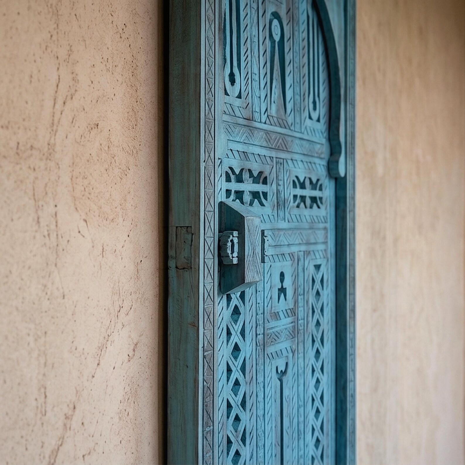 Berber Hand-Carved Turquoise Wooden Door Arched Entryway Rug