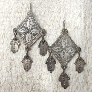 Large Antique Amazigh Berber Chiseled Silver Hamsa Earrings