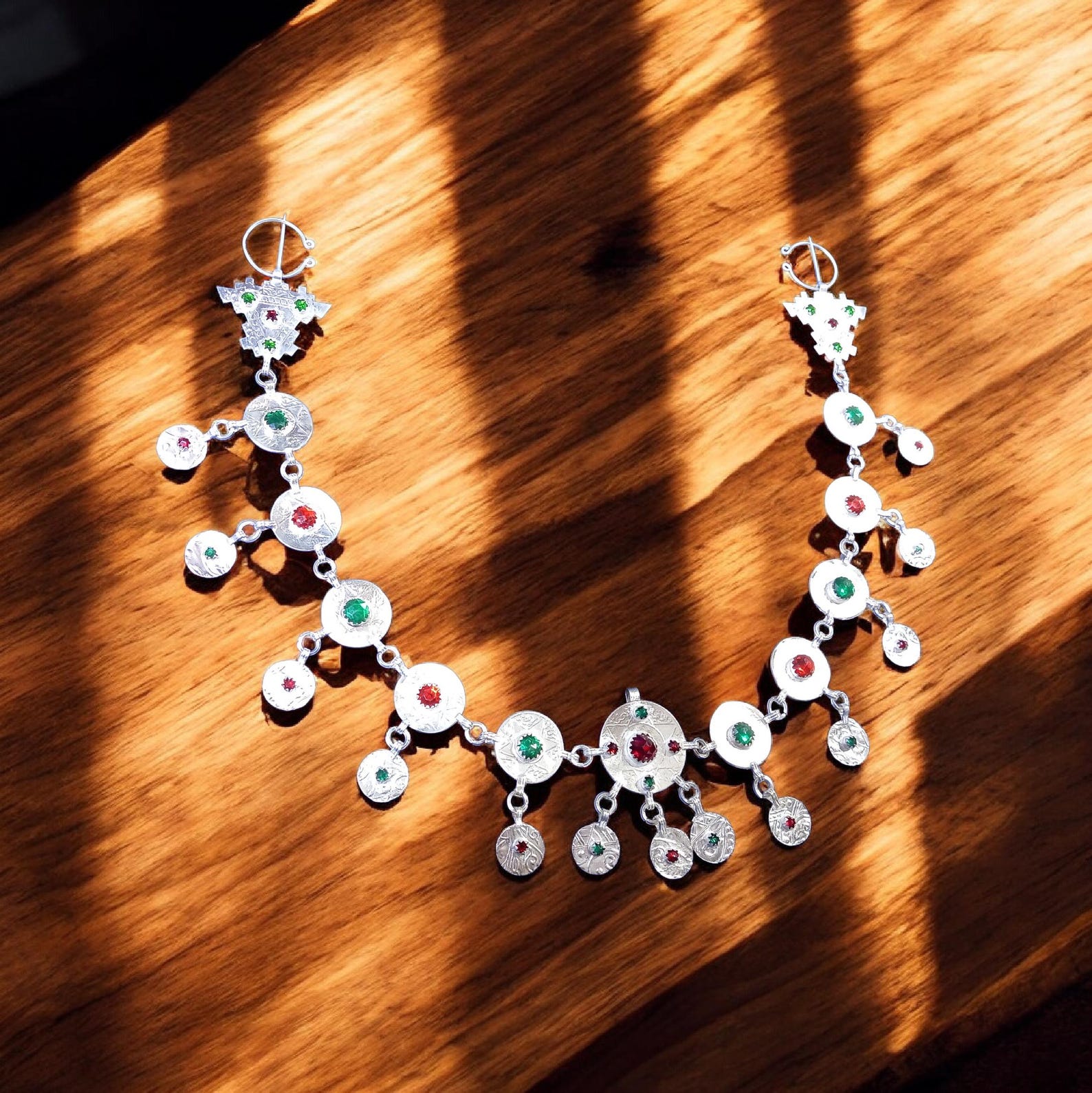 Handmade Amazigh Silver-Plated Necklace with Two Traditional Khelalat Pins