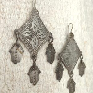 Large Antique Amazigh Berber Chiseled Silver Hamsa Earrings