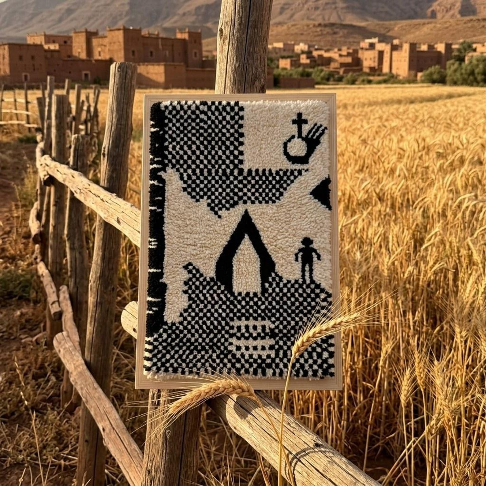 Handwoven Amazigh Berber Wool Rug Wall Tapestry with Tuareg Yaz