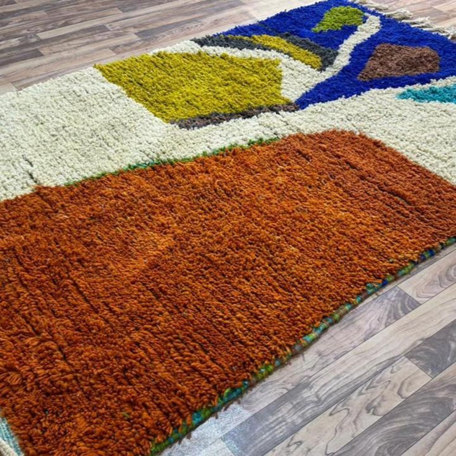 Amazigh Berber Terracotta Blue Handwoven Natural Wool Modern Rug