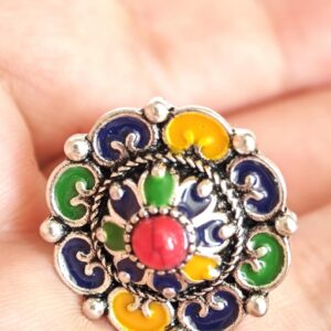 Amazigh Silver Tone Enameled Adjustable Flower métal Ring