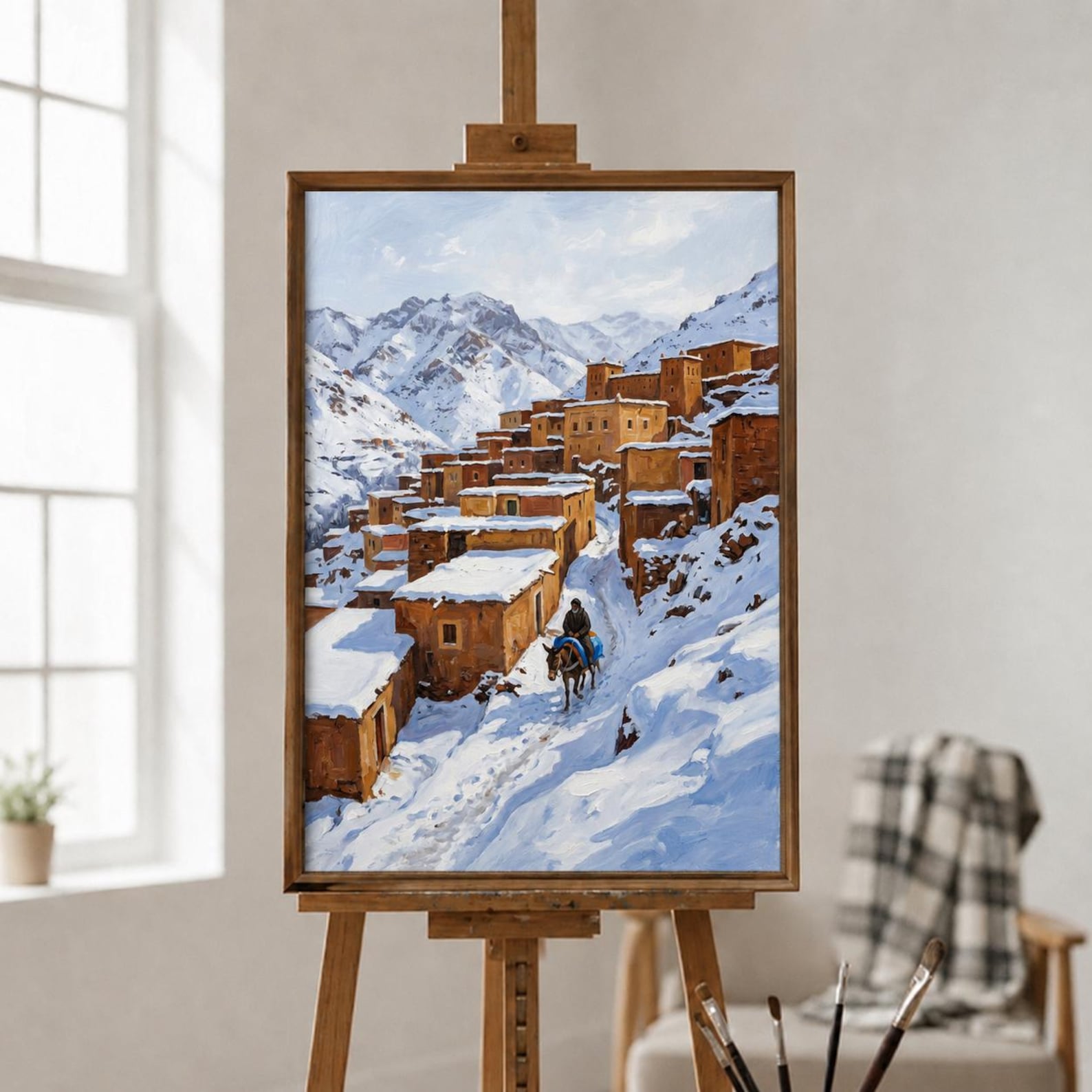 Berber Atlas Mountains Village Snow Painting Made to Order Canvas Wall Art