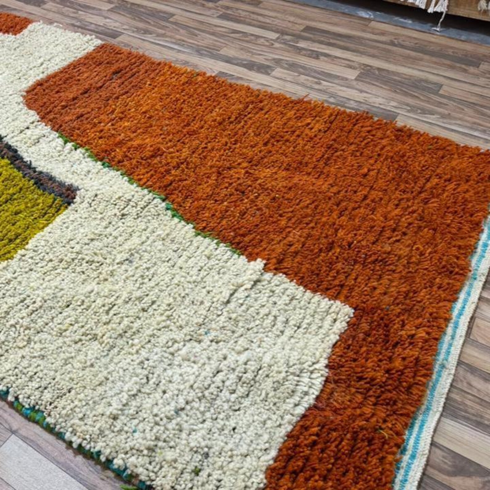 Amazigh Berber Terracotta Blue Handwoven Natural Wool Modern Rug