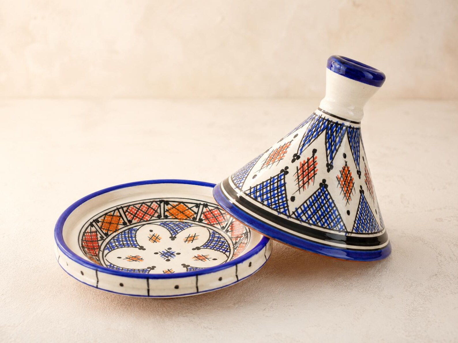 Amazigh Small hand-painted Safi ceramic serving tagine with blue