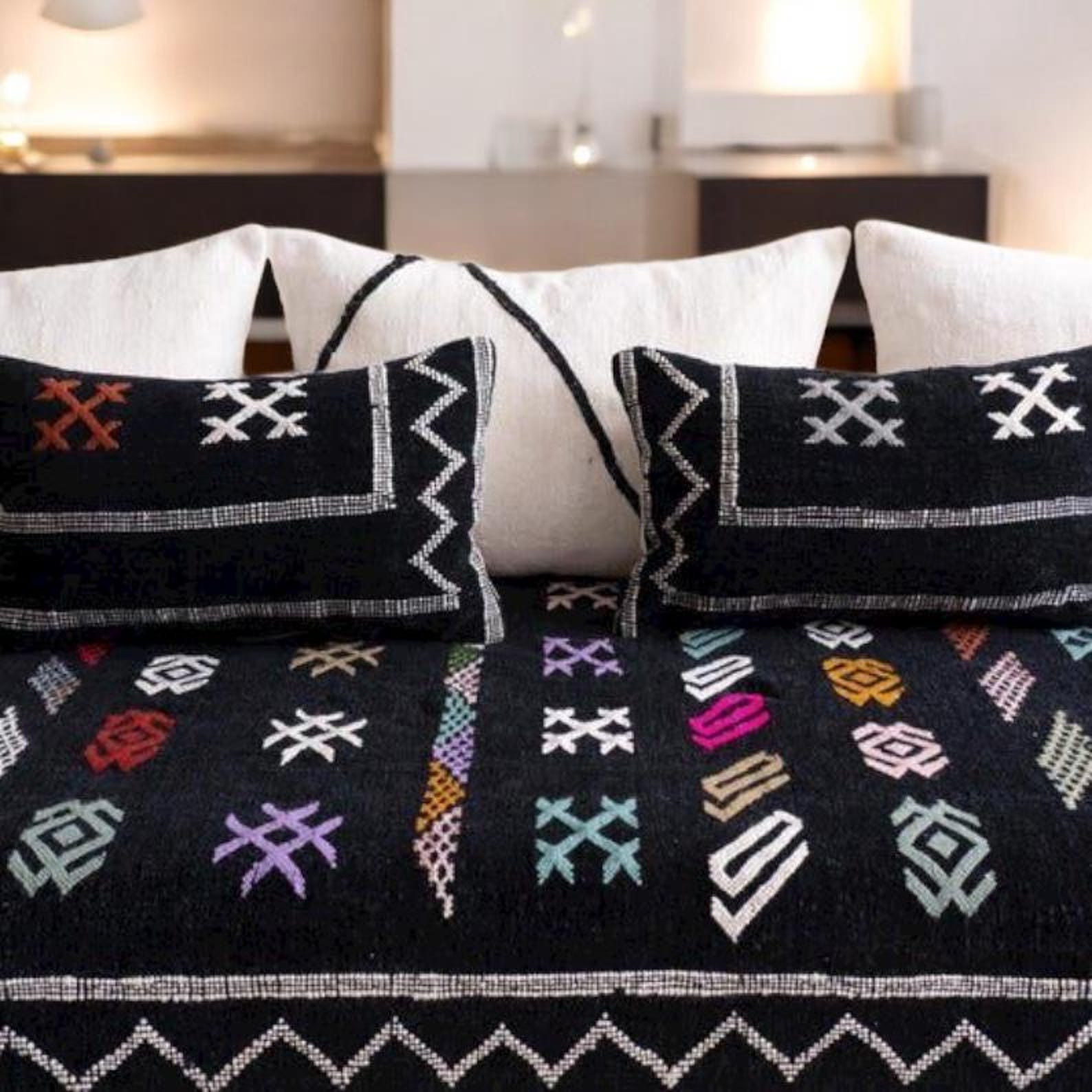 Black Amazigh Hanbel Floor Sofa Colorful Symbol Seating Pouf