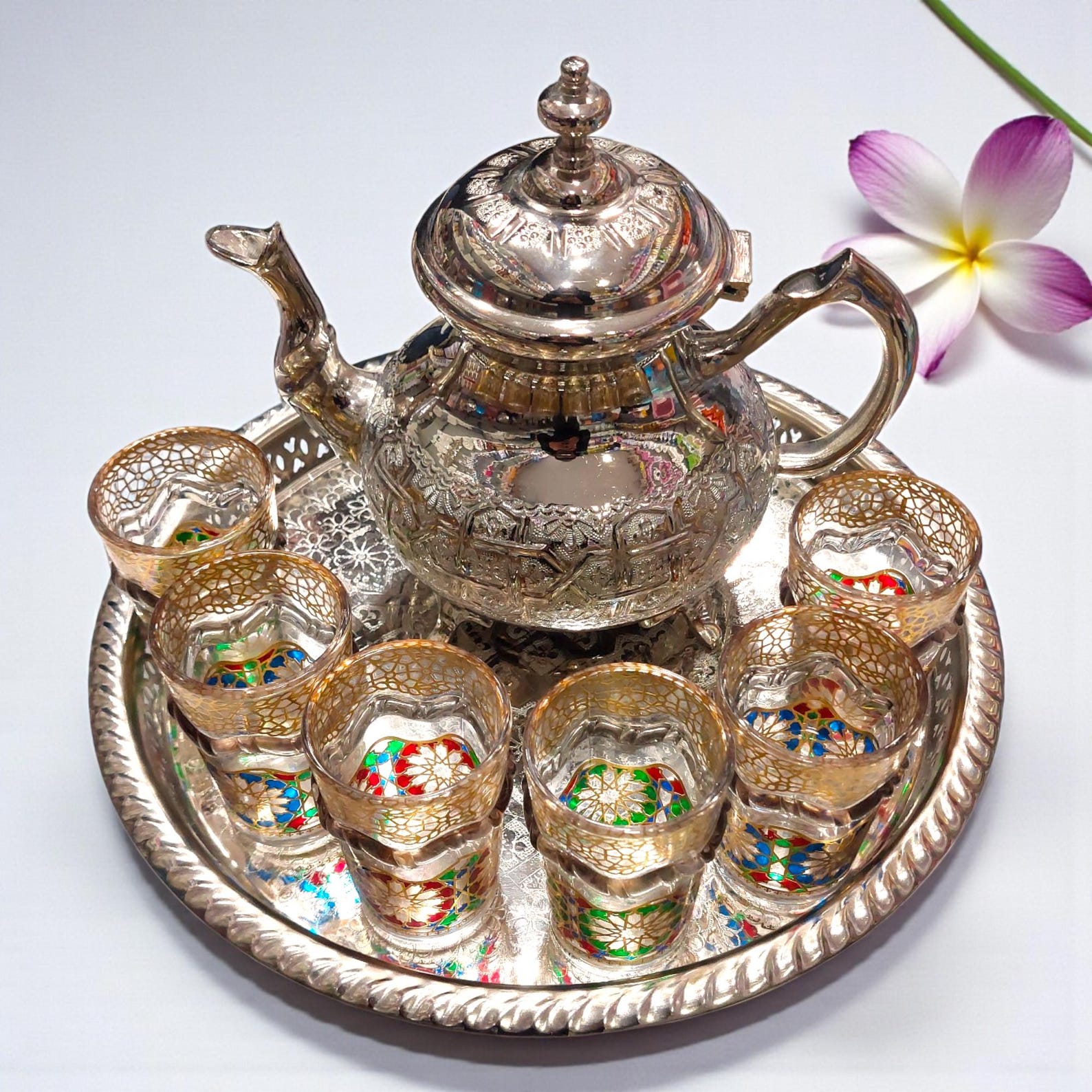 Amazigh Silver Tea Set Tray Glasses Handmade Traditional