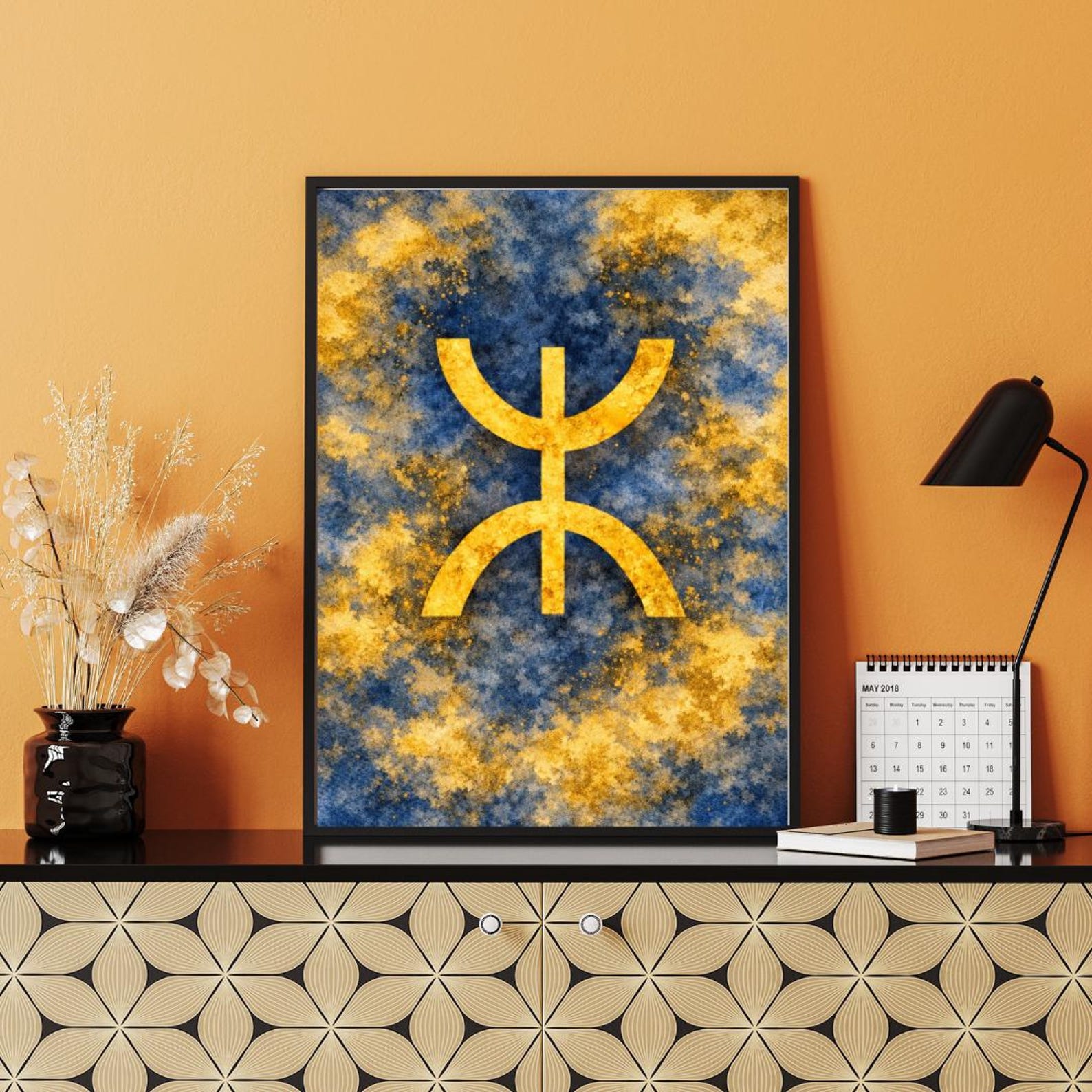 Amazigh Yaz Symbol Berber Blue Gold Abstract Printable Wall Art