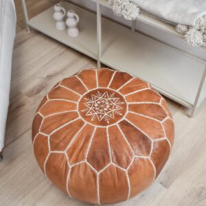 Berber Handmade Leather Stuffed Ottoman Footstool Cognac Pouf