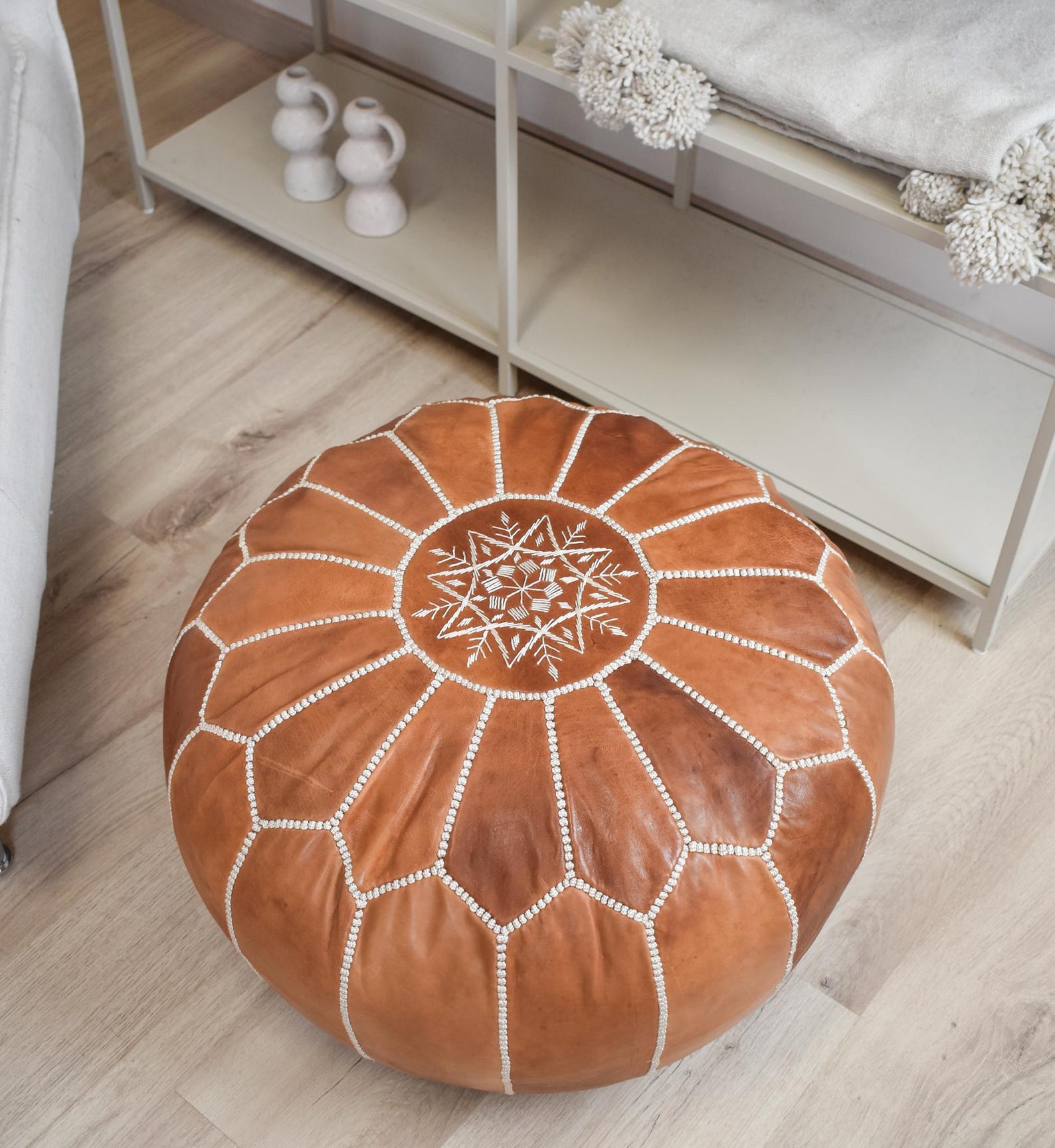 Berber Handmade Leather Stuffed Ottoman Footstool Cognac Pouf