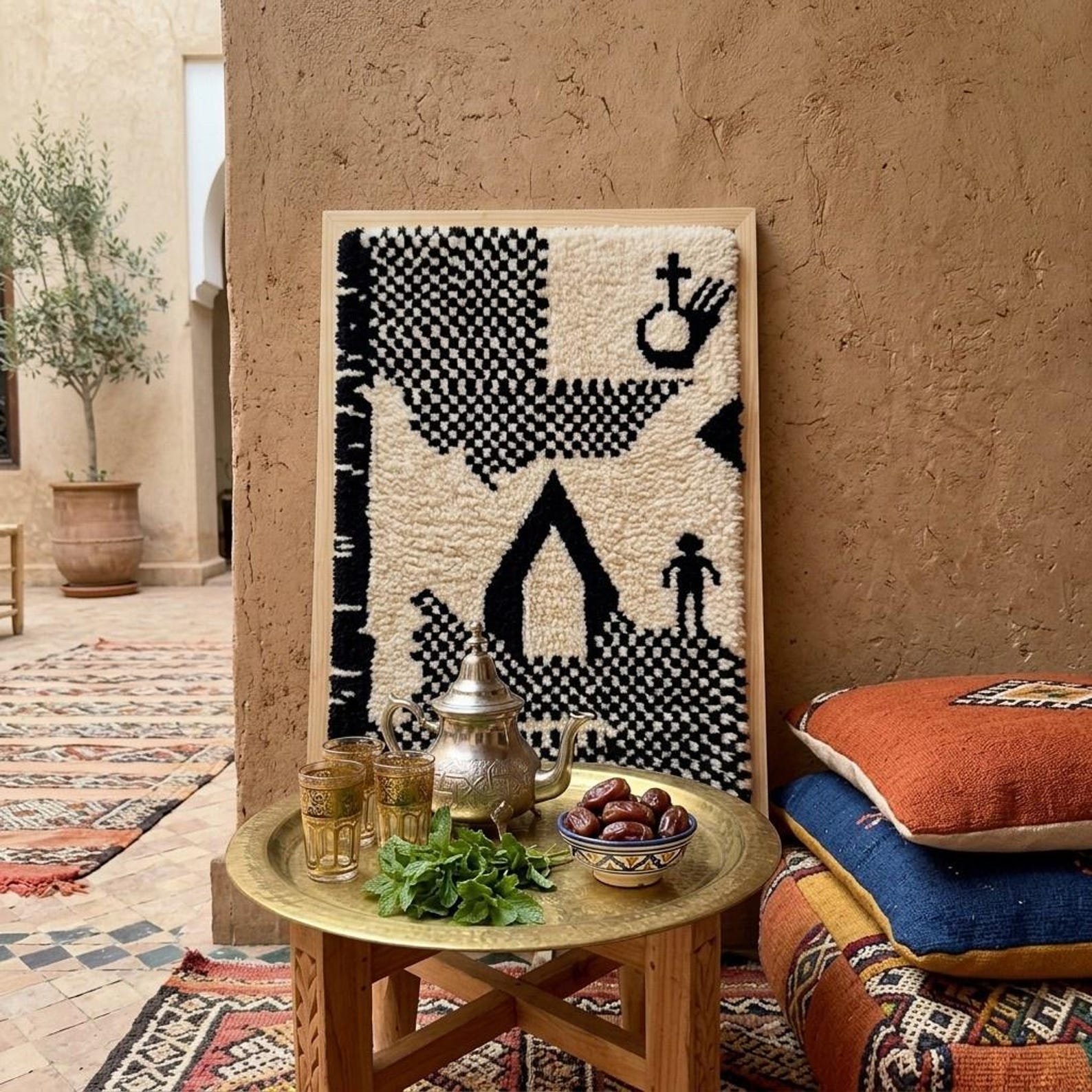 Handwoven Amazigh Berber Wool Rug Wall Tapestry with Tuareg Yaz