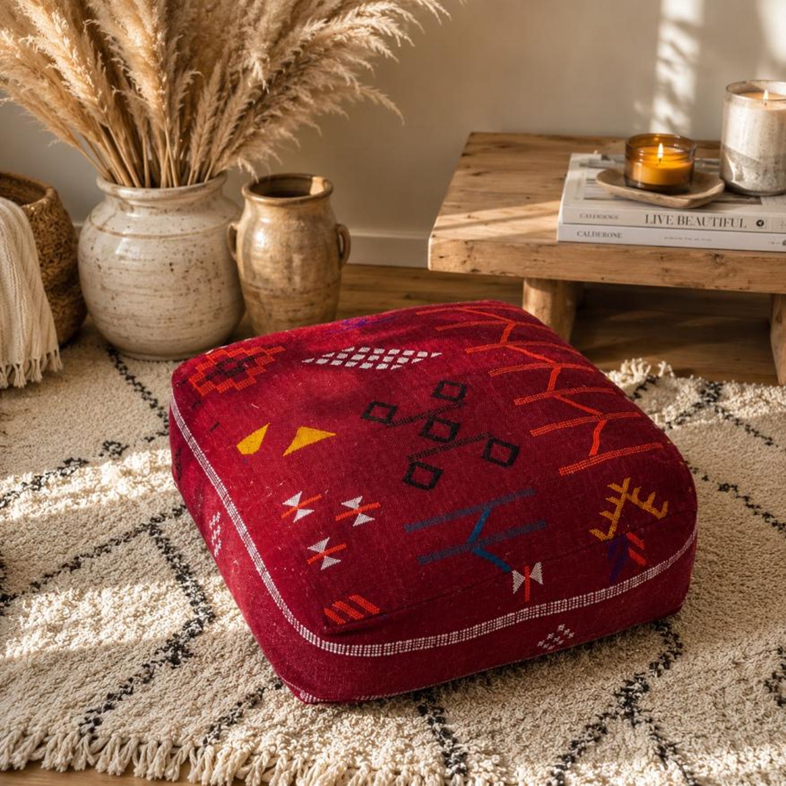 Berber Handmade Red Kilim Boho Square Floor Pouf