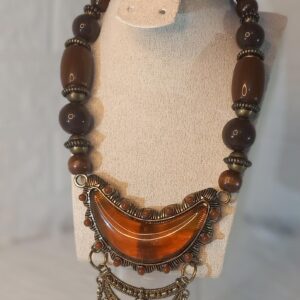 Amazigh Beaded Wood Agate Brass Bohemian Tribal Necklace