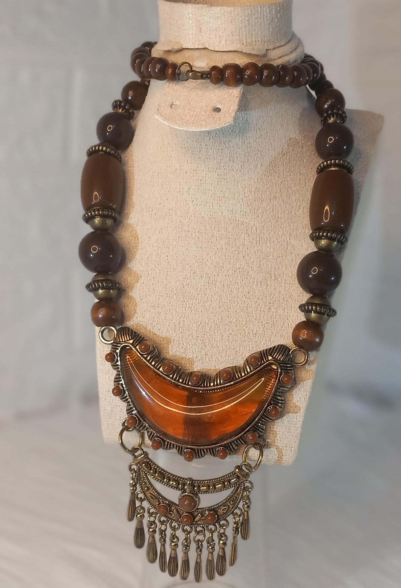 Amazigh Beaded Wood Agate Brass Bohemian Tribal Necklace