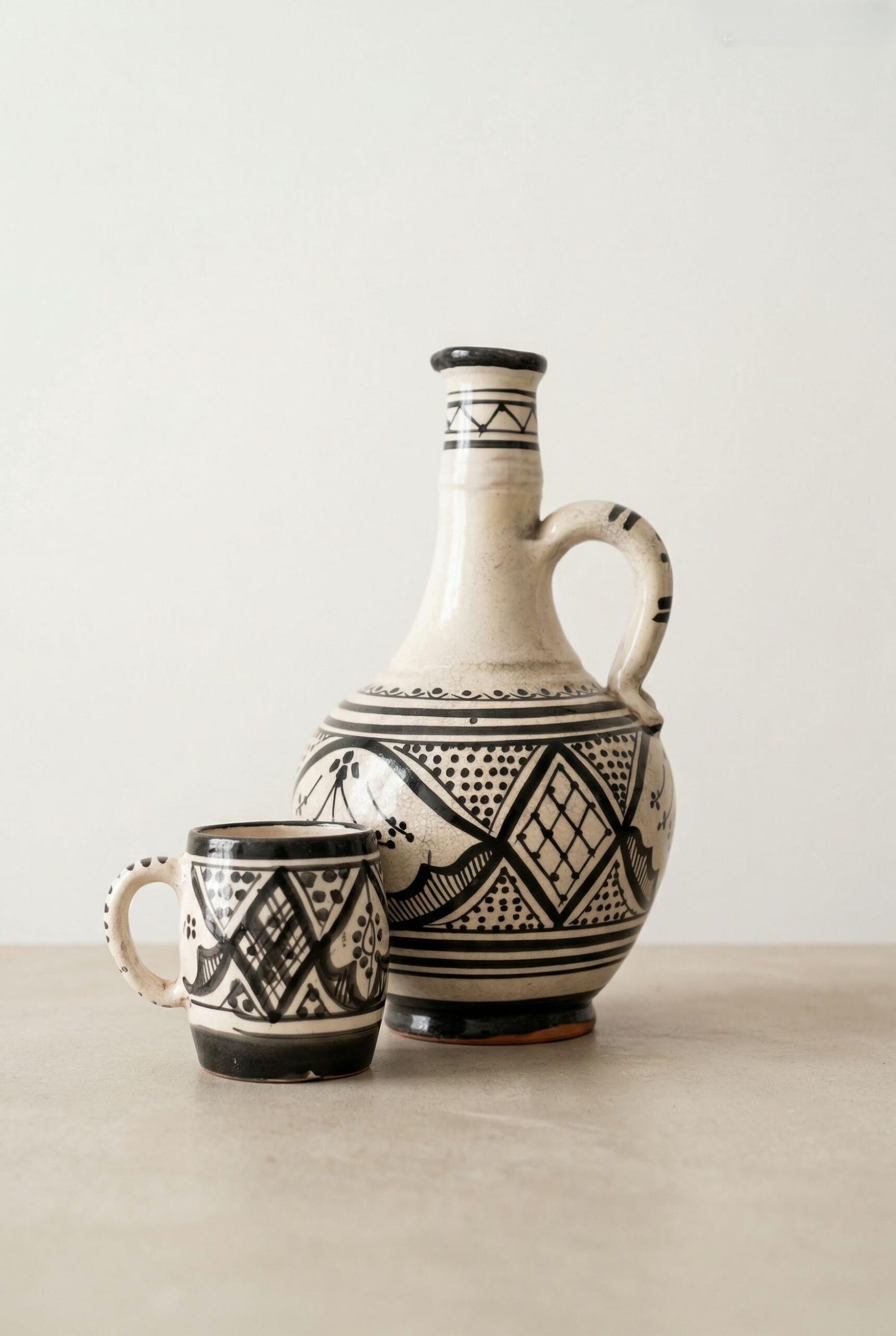 Amazigh Handcrafted Pottery Black White Design Ceramic Piece