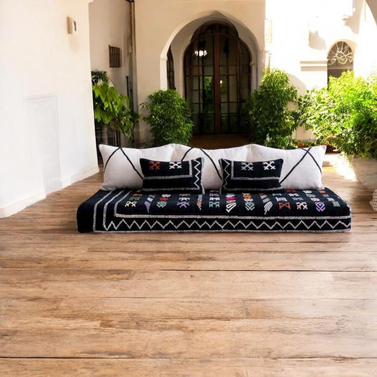 Black Amazigh Hanbel Floor Sofa Colorful Symbol Seating Pouf