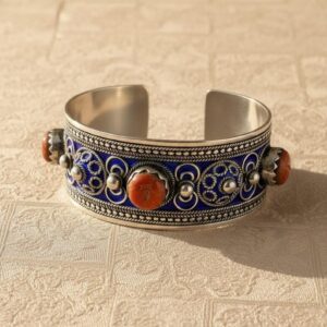 Berber Silver Handmade Jewelry Coral Stone Cuff Bracelet