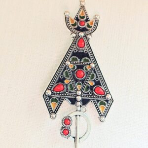 Traditional Amazigh Kabyle Berber Silver-Tone Enamel Metal Jewelry Fibula