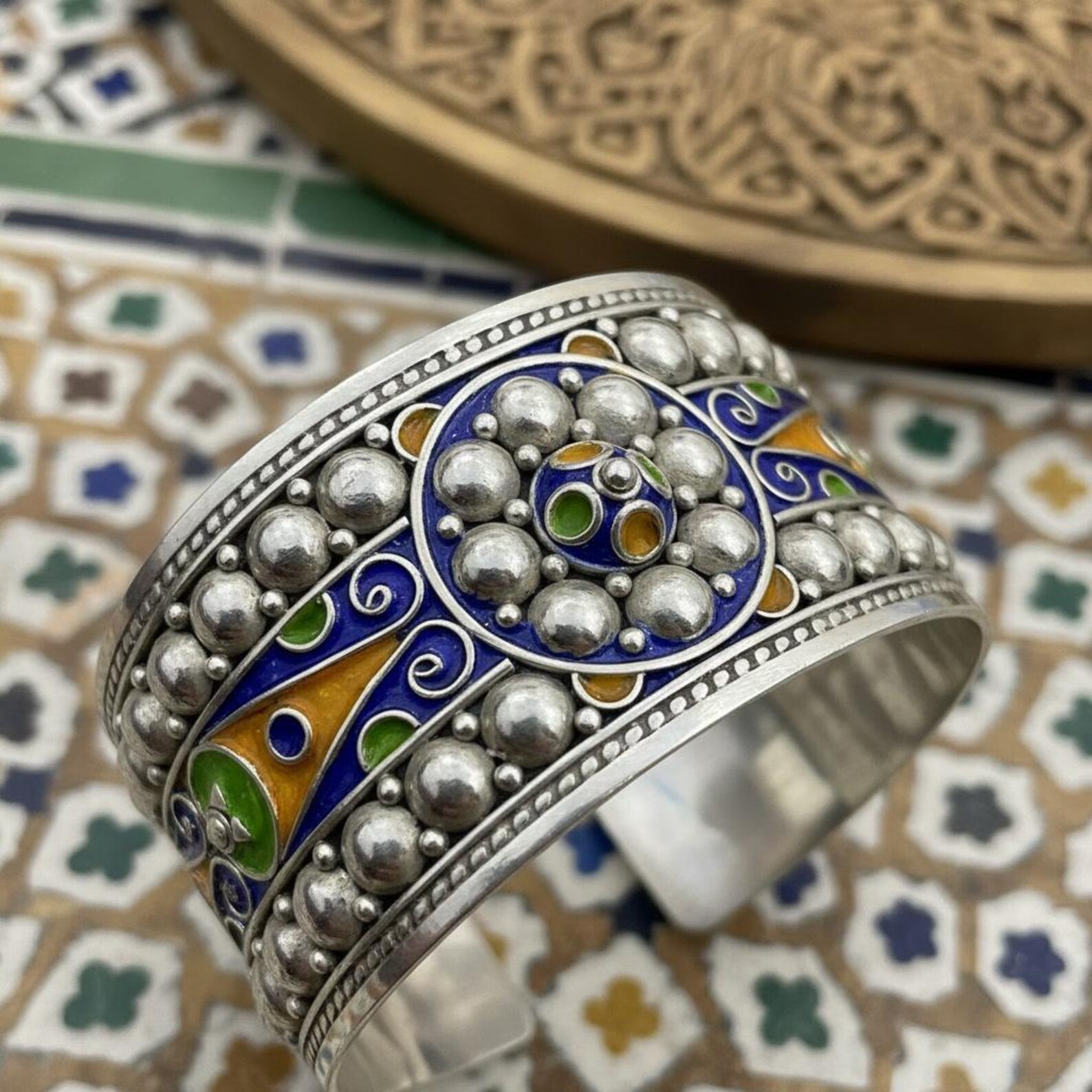Berber Silver Cuff Handmade Jewelry Enamel Details Bracelet