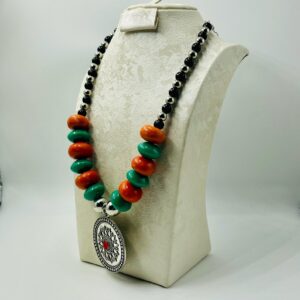 Berber Pendant Necklace with Orange and Green Resin Beads
