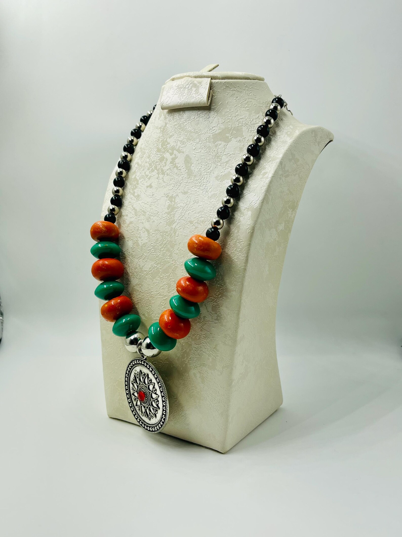 Berber Pendant Necklace with Orange and Green Resin Beads