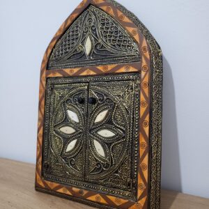 Amazigh Berber Zellige-Style Embossed Brass Mirror with Doors Wall Art