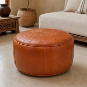Berber Leather Handmade Cognac Round Ottoman Unstuffed Pouf
