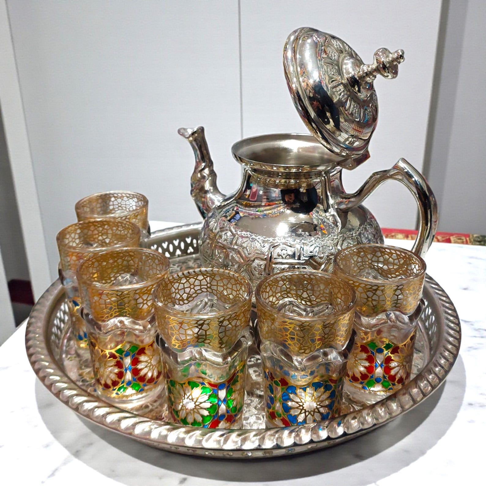 Amazigh Silver Tea Set Tray Glasses Handmade Traditional